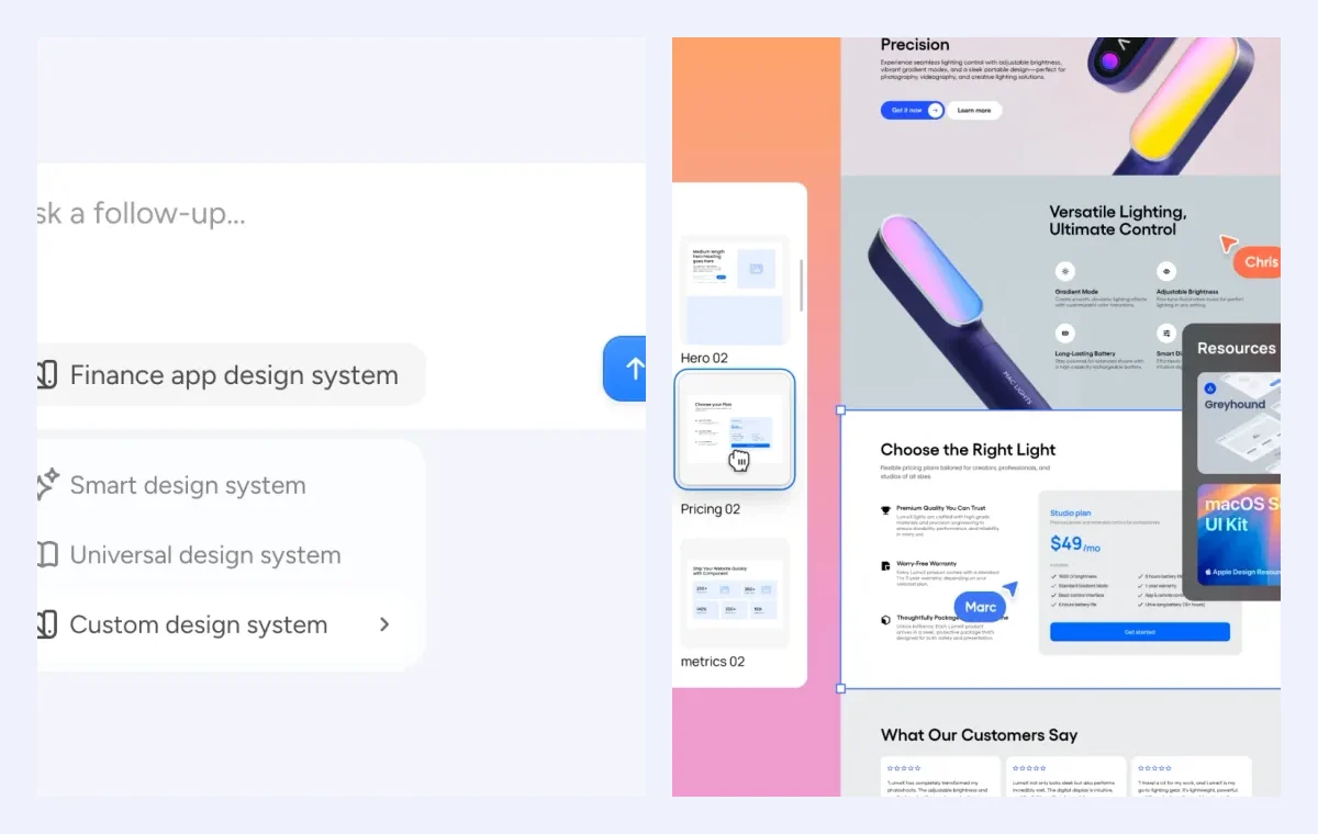 A Pixso design system and editor view used to turn a UI brief into an interface direction