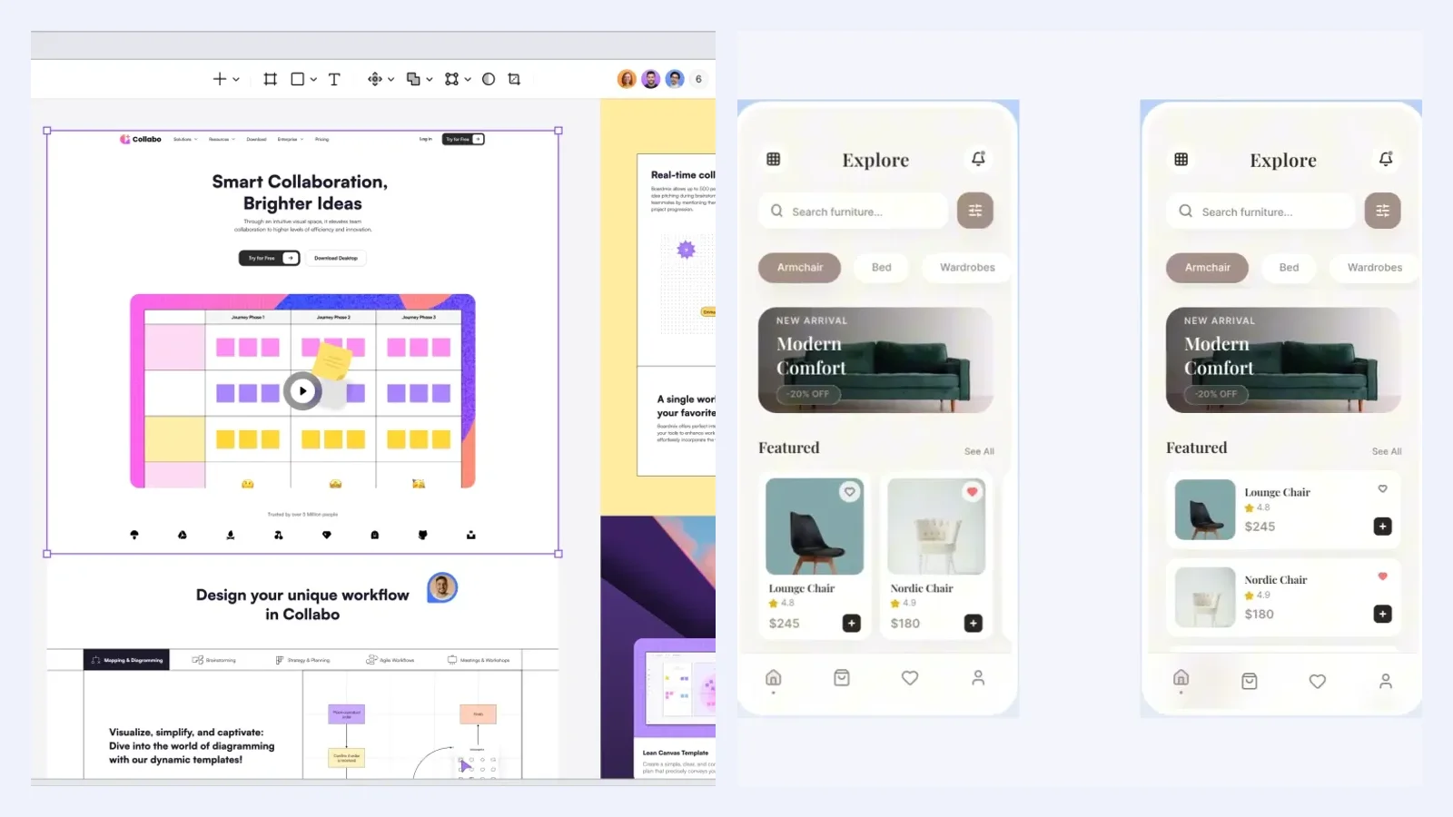 Editable app and web interface concepts arranged in Pixso for comparison and refinement