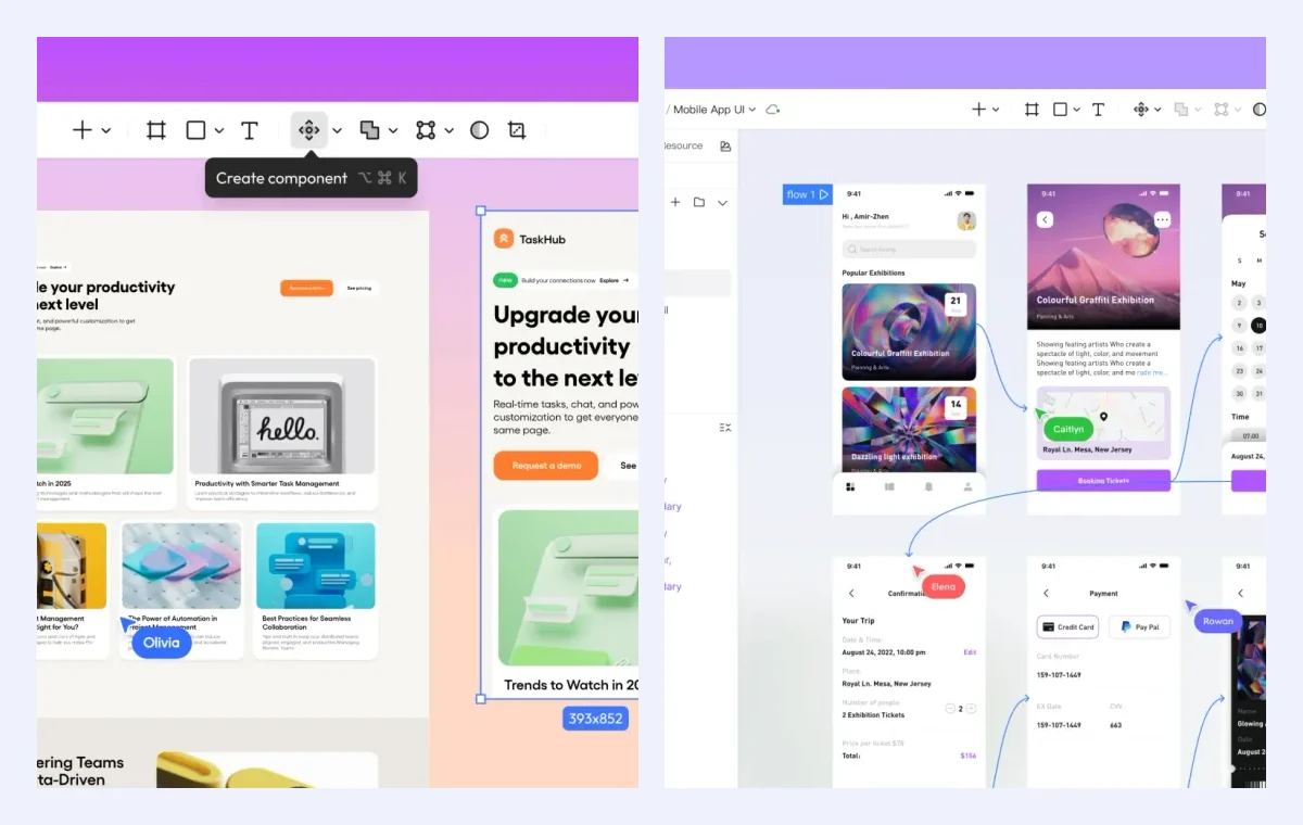 Desktop and mobile UI screens arranged for flow review and prototyping in Pixso