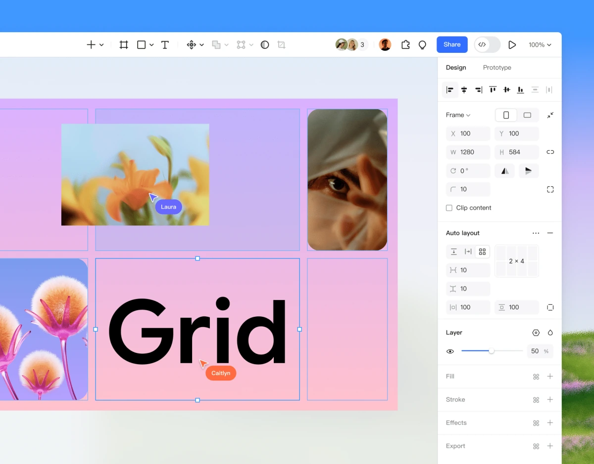 画像グリッドとデザイン編集用のオートレイアウト設定を表示したPixsoのキャンバス