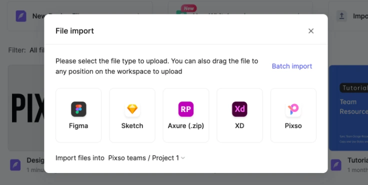 Pixso file import dialog listing Sketch alongside other supported design formats