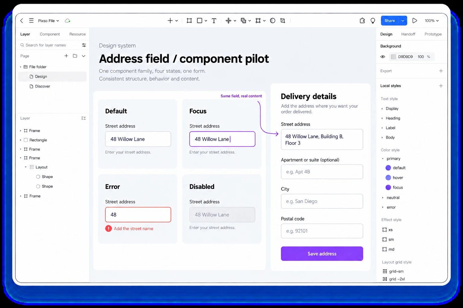 Pixso component pilot showing default, focus, error and disabled text fields beside a delivery form