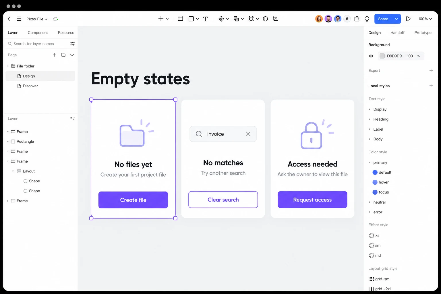 Pixso 디자인 파일에 나란히 놓인 파일 없음, 검색 일치 항목 없음, 접근 권한 필요 카드