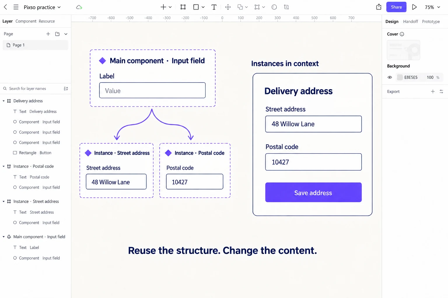Pixso input main component branching into street-address and postal-code instances used in one address form