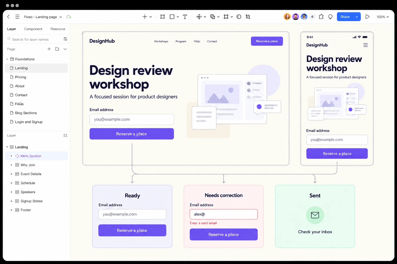 Desktop and mobile landing-page designs in Pixso with ready, invalid-email and sent signup states
