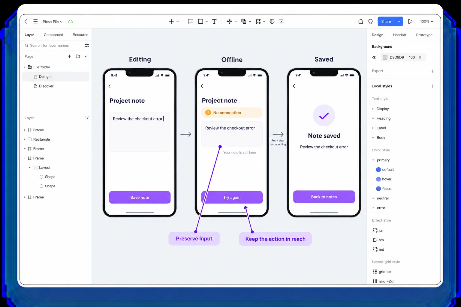 Pixso canvas with mobile note screens for editing, offline recovery and saved confirmation