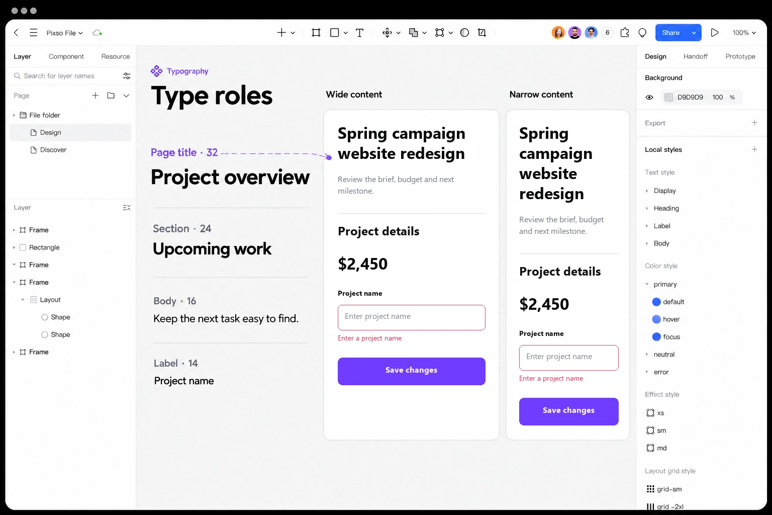 Pixso type roles beside wide and narrow versions of a Spring campaign website redesign screen with the same title, price and form field