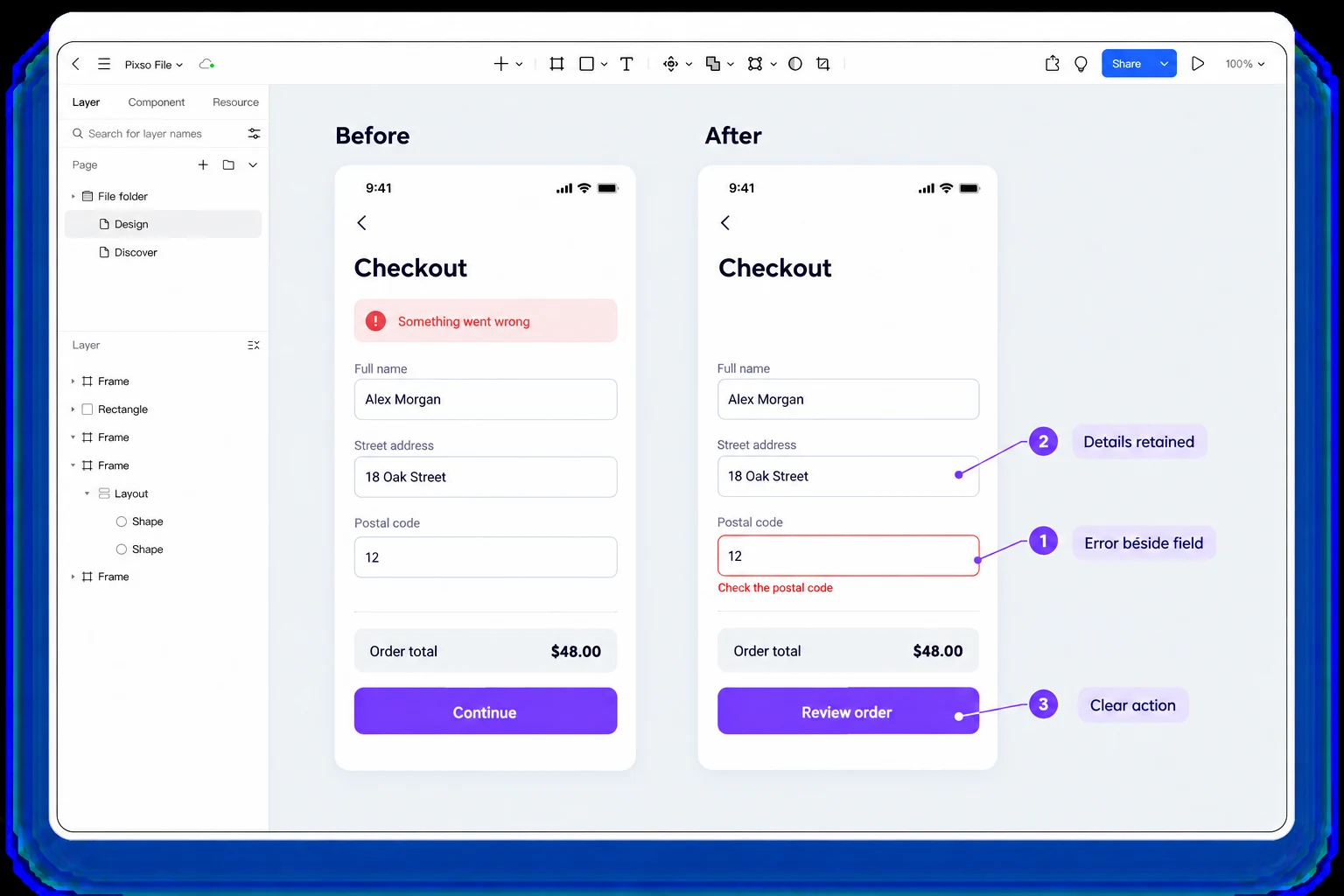 Before-and-after checkout designs in Pixso comparing a generic error with a field-specific postal-code message
