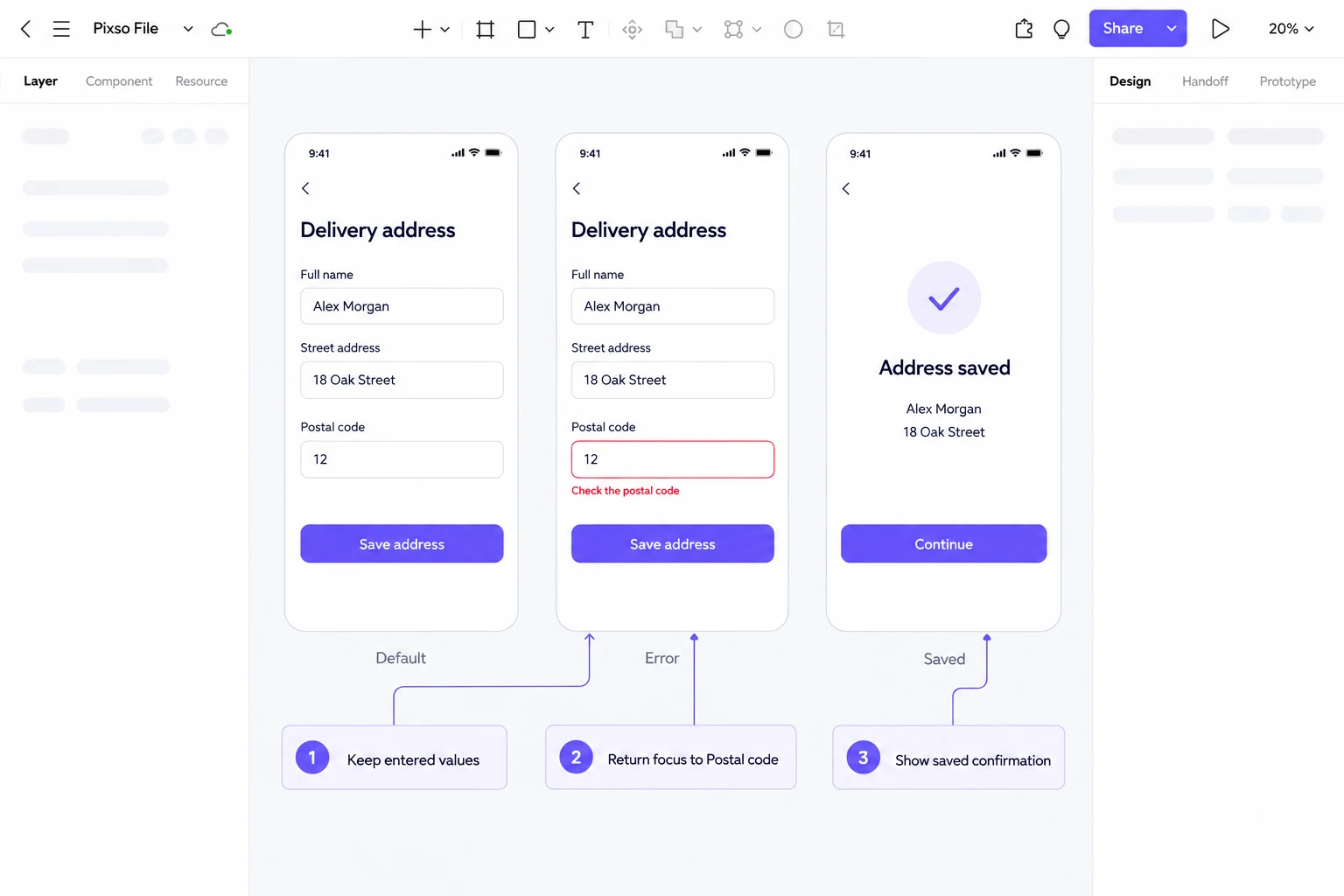 Delivery-address designs in a Pixso workspace showing default, postal-code error and saved states with handoff notes