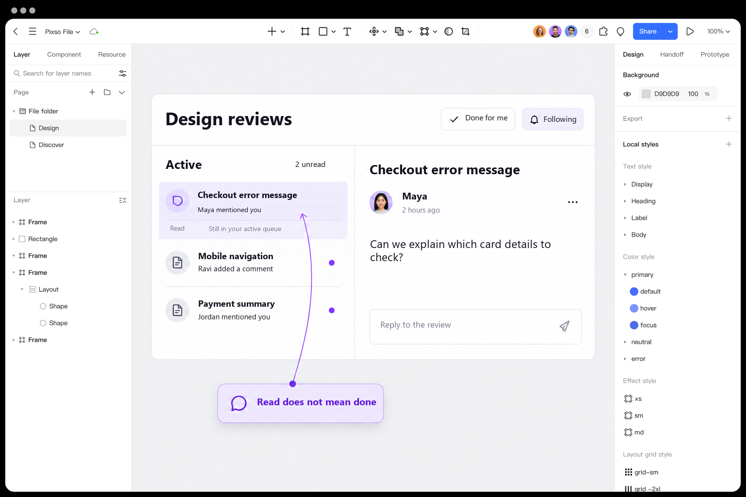 A design-review inbox in Pixso distinguishes unread threads, personal completion, and following