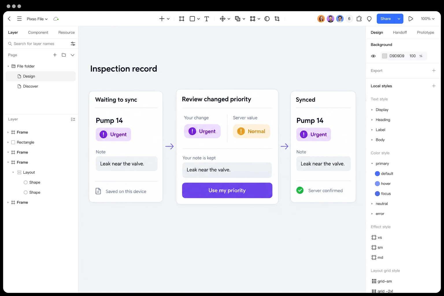 A Pixso design file compares a pending inspection note, a priority conflict, and the accepted record
