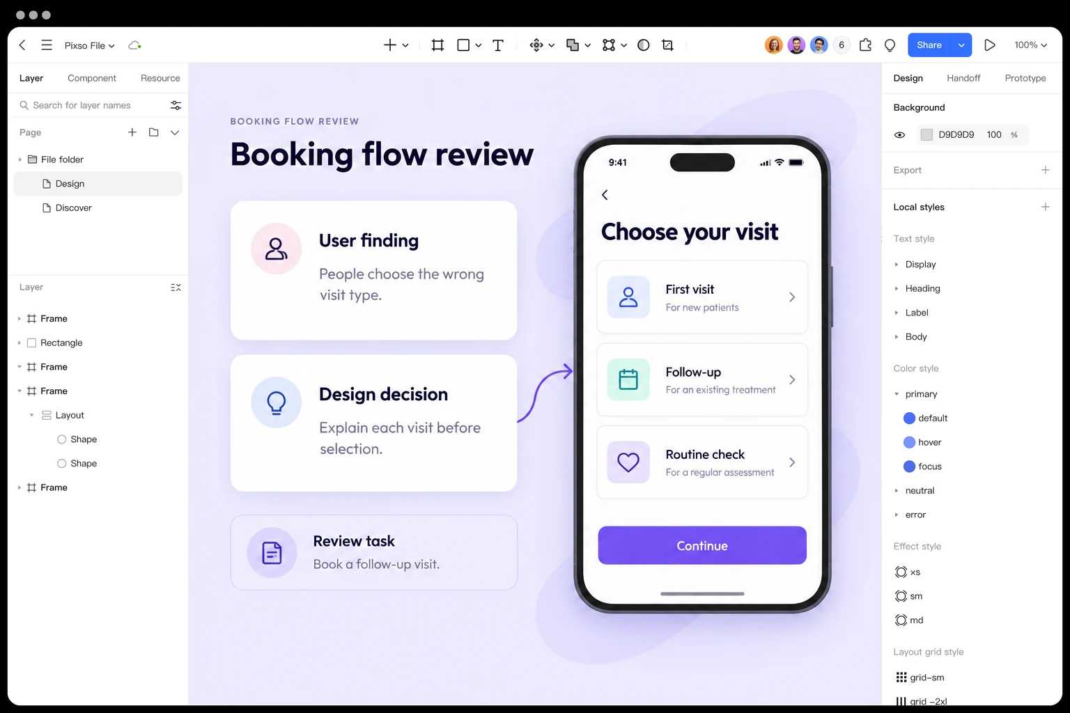 A booking-flow decision and screen options arranged together in Pixso