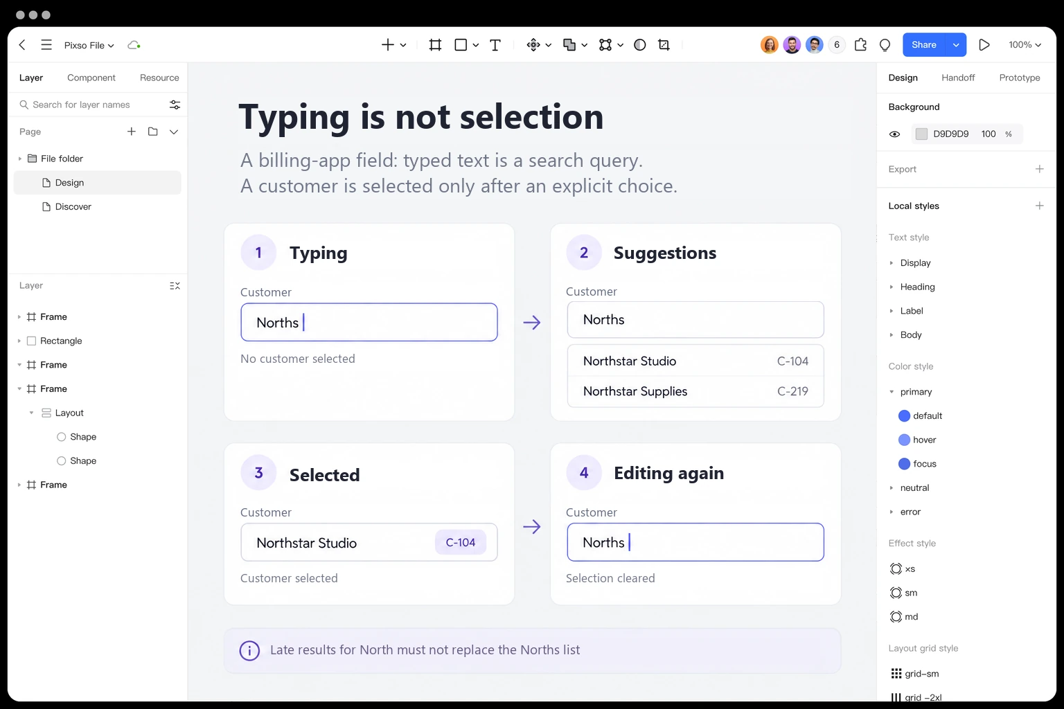 Four customer-field states in Pixso distinguish typing Norths, viewing two suggestions, selecting Northstar Studio C-104, and editing again with the selection cleared