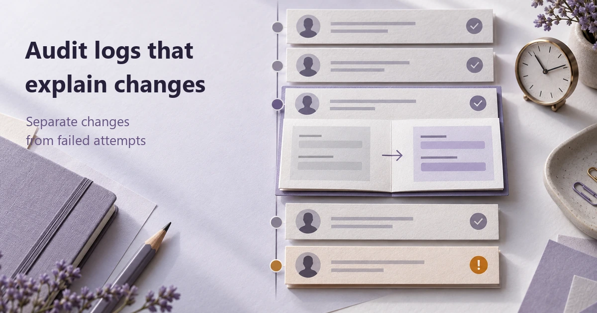 A timeline of event cards opens one successful event into a before-and-after comparison, with a failed attempt shown separately below