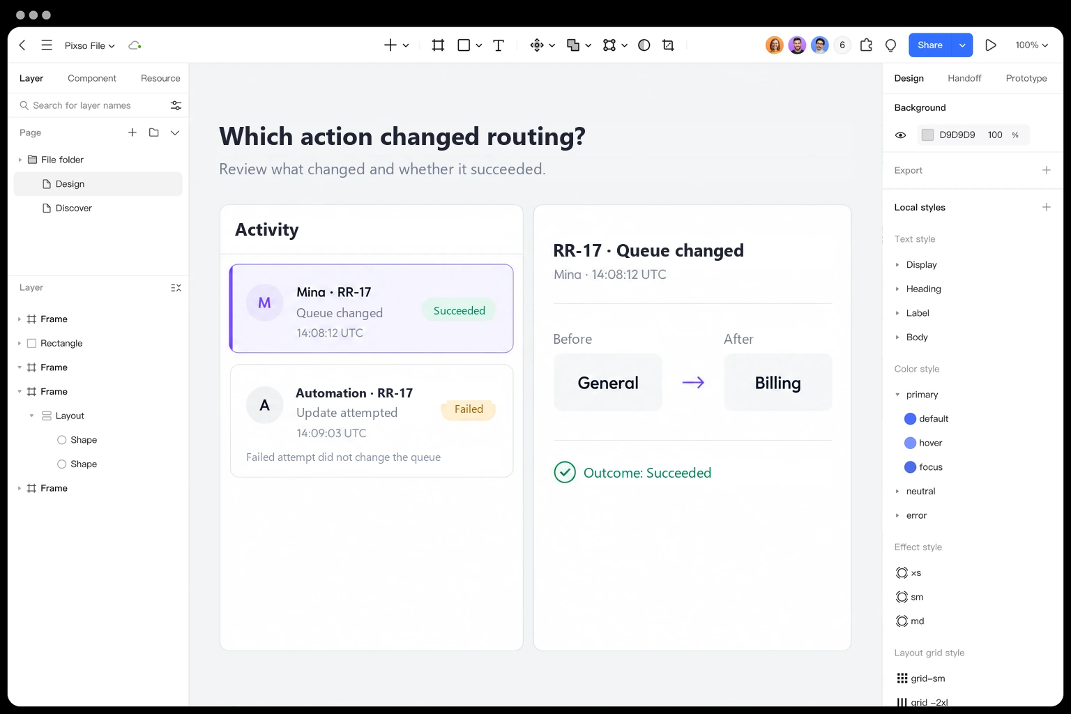 An audit-view design in Pixso shows Mina changing RR-17 from General to Billing at 14:08:12 UTC and a separate failed automation attempt at 14:09:03 UTC