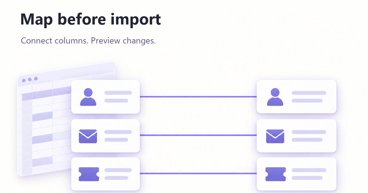 Three CSV columns connect to corresponding name, email and workshop fields before import