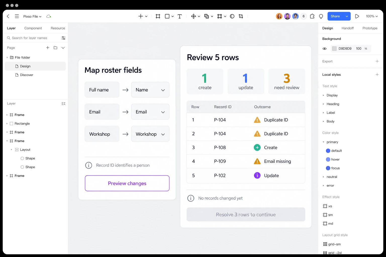 A Pixso canvas pairs roster field mapping with a five-row preview: one create, one update and three rows needing review