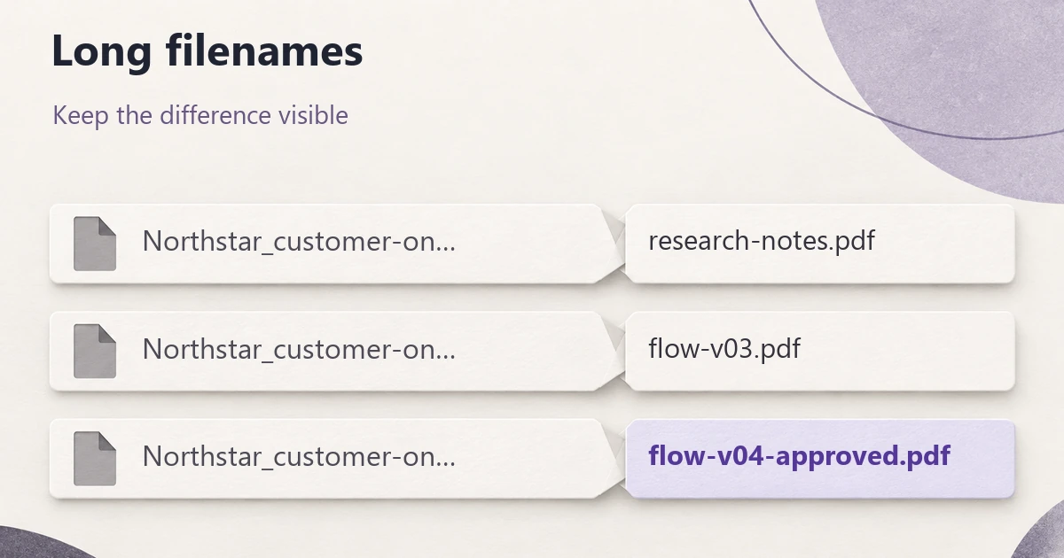 Three file labels share Northstar_customer-on… but reveal different endings: research-notes.pdf, flow-v03.pdf, and the highlighted flow-v04-approved.pdf