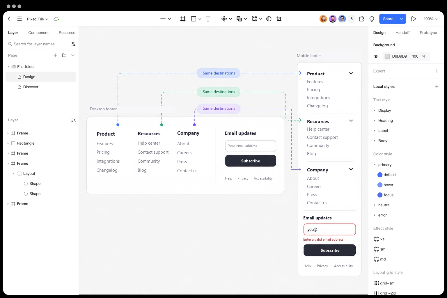 Pixso canvas compares Product, Resources and Company footer groups with a narrow layout and a newsletter error