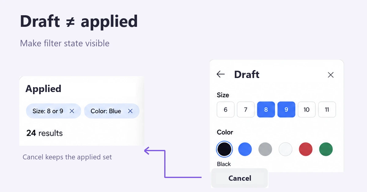 Applied blue-shoe filters remain unchanged while a new color is selected in the open drawer