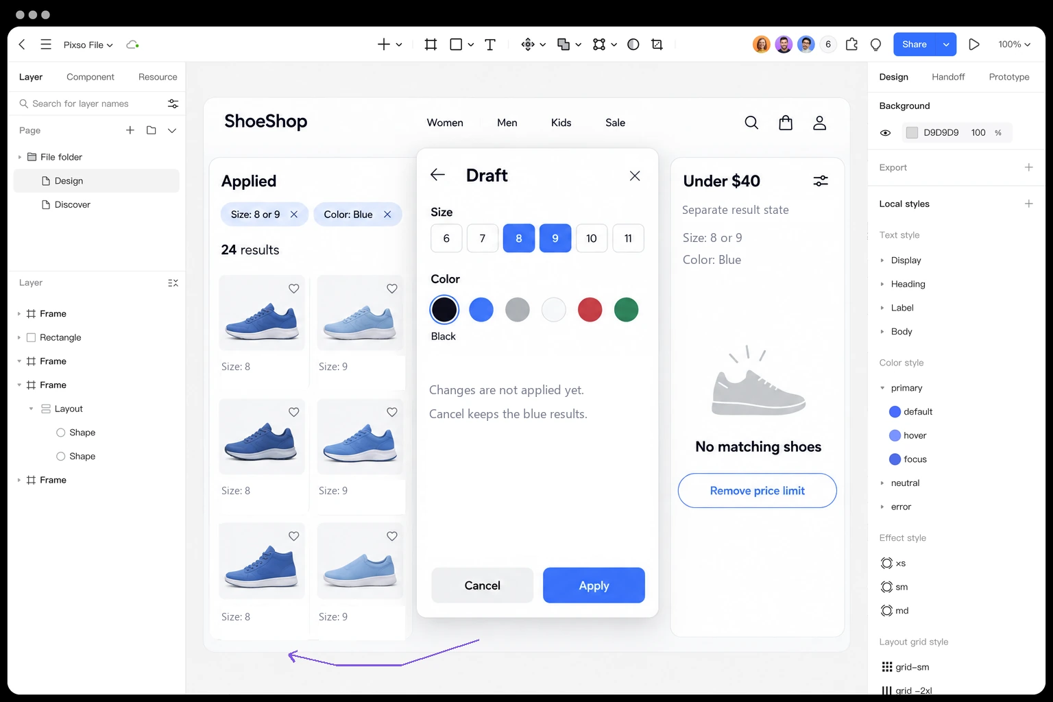 Pixso prototype screens distinguish 24 blue-shoe results in sizes 8 or 9 from an unapplied Black selection