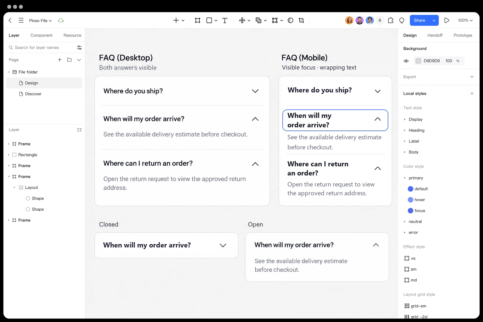 Pixso compares desktop and narrow shipping FAQs with open and closed items and a long answer pushing the next heading down