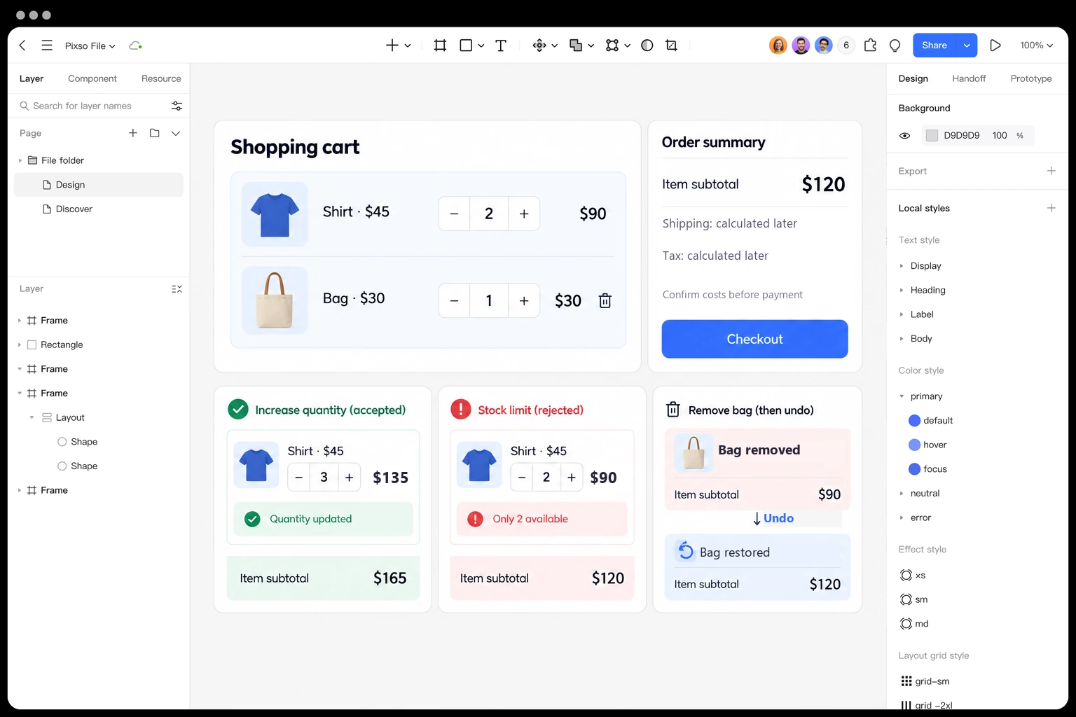 Pixso canvas compares a $120 cart, accepted $165 quantity update, stock-limit recovery and Undo after removing a bag