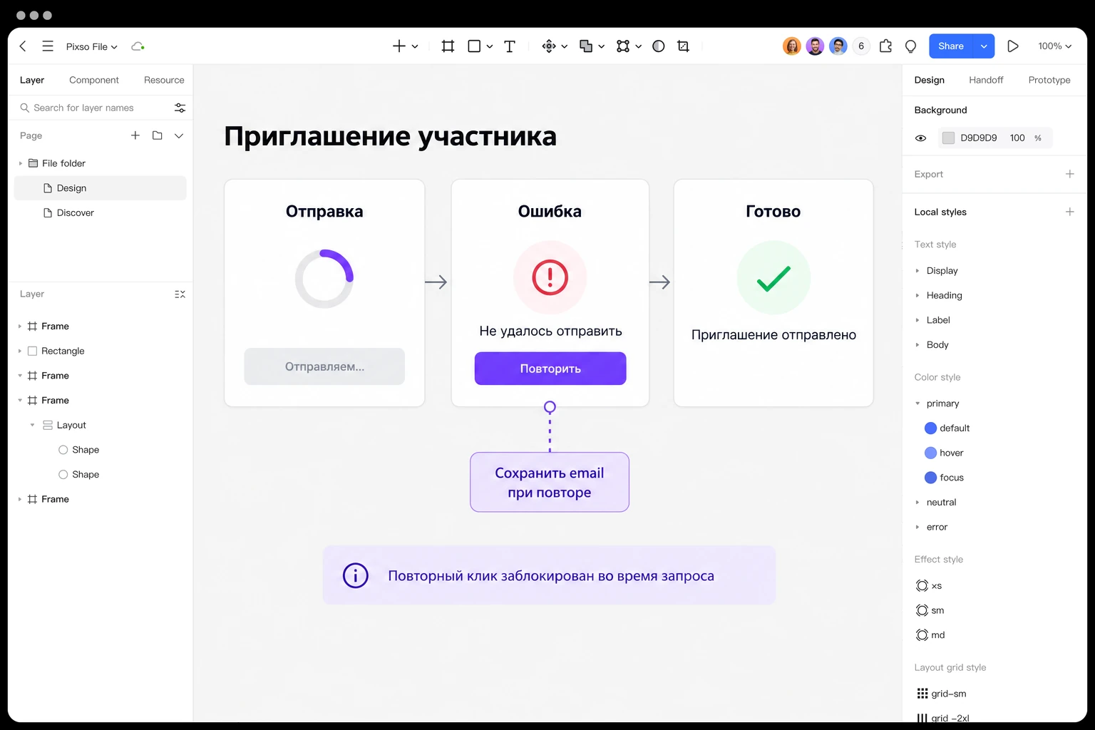 Состояния приглашения участника на холсте Pixso: отправка, ошибка, готово и пояснение о сохранении адреса