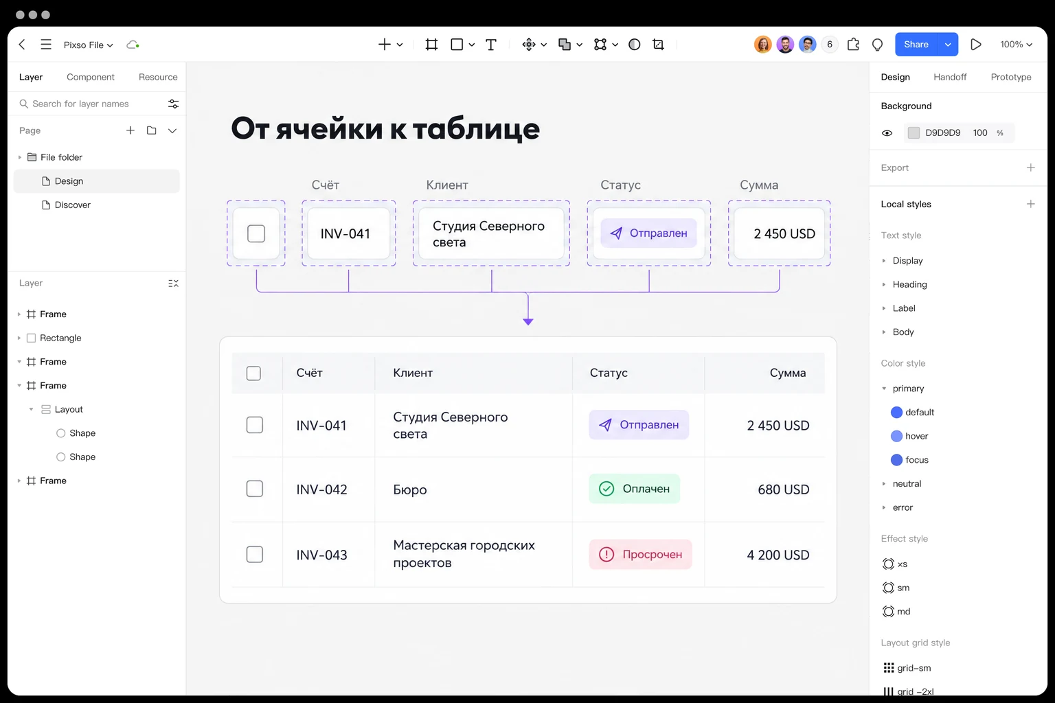 В Pixso из текстовой ячейки, суммы, статуса и флажка собрана строка таблицы счетов с длинным названием клиента