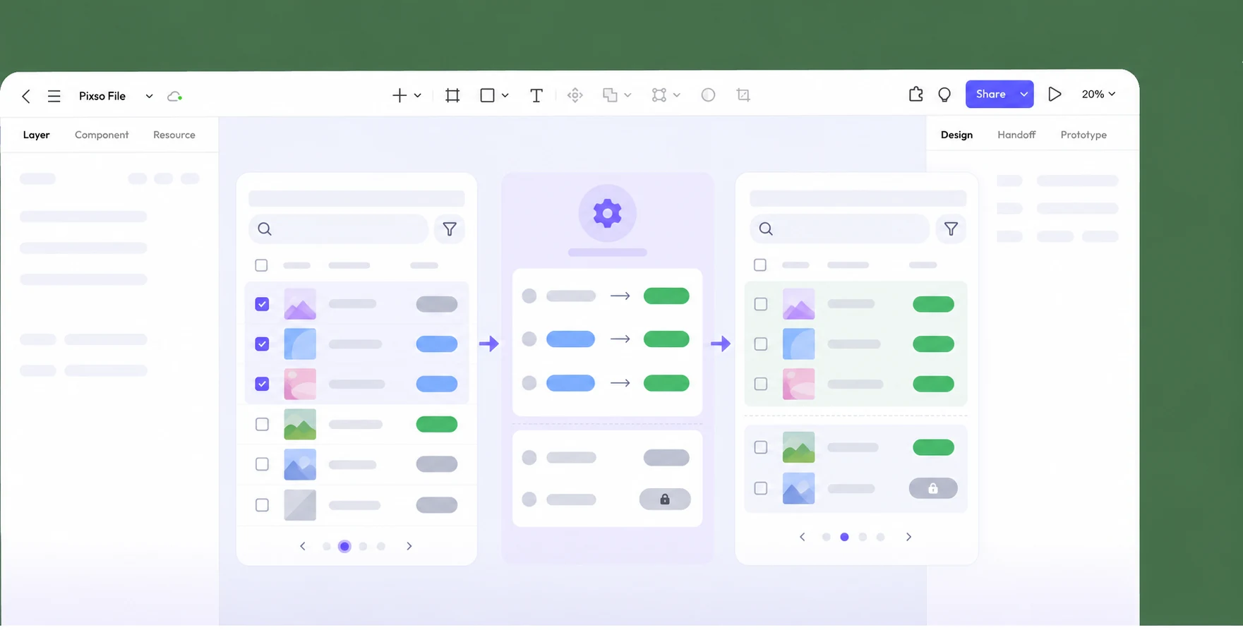На холсте Pixso сопоставлены выбор материалов, просмотр изменения статуса и результат с изменёнными и неизменёнными строками