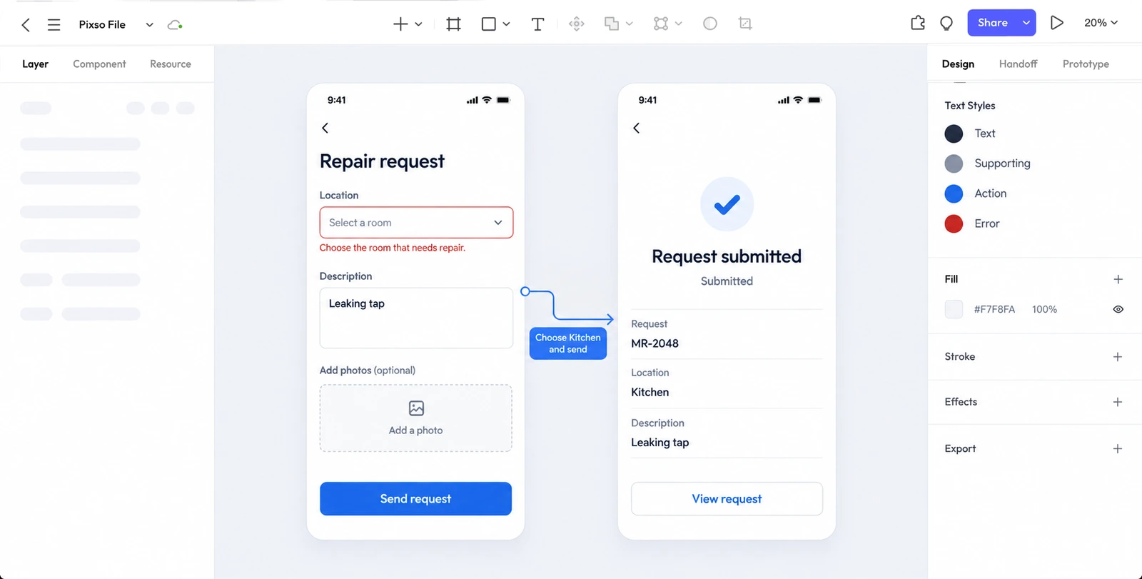 Pixso editor comparing the missing-location form and submitted receipt for repair request MR-2048