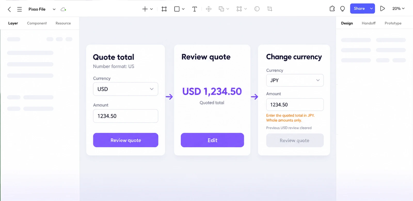 A Pixso project shows a USD quote amount and its review beside a JPY currency-change state that preserves 1234.50 and asks for a whole amount