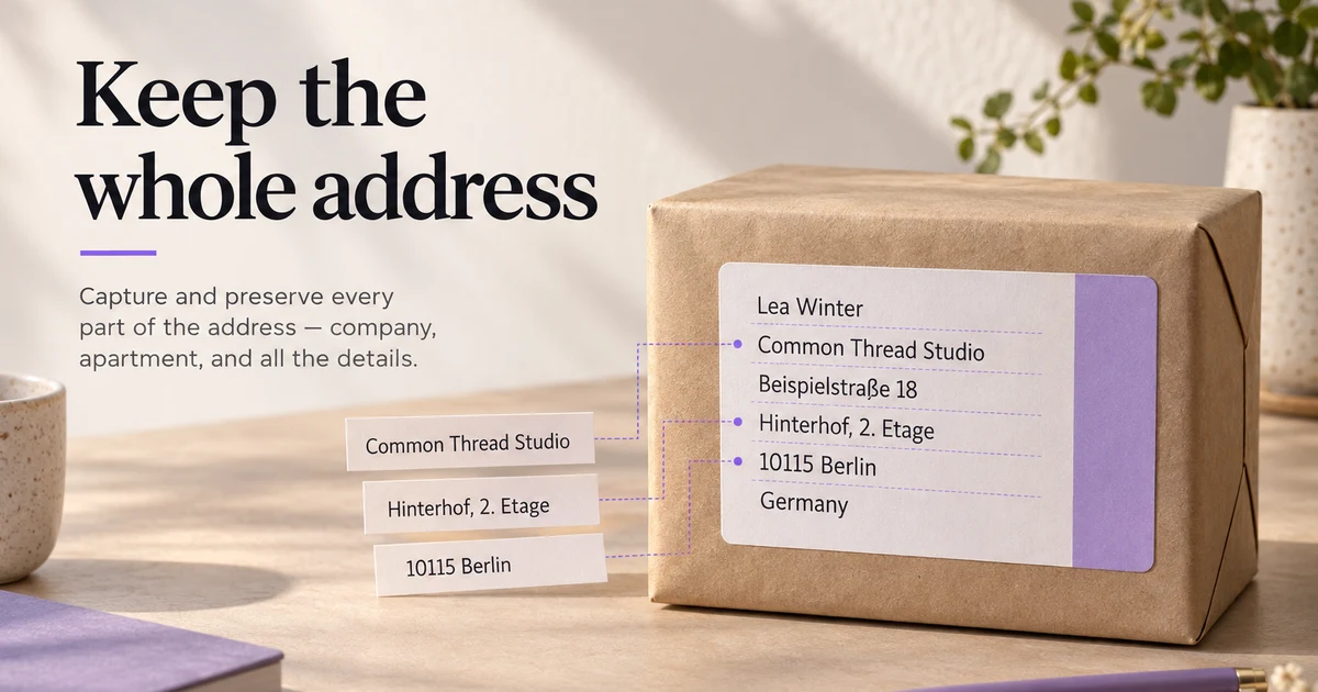 A delivery label preserves the company, courtyard and floor details alongside the street and country