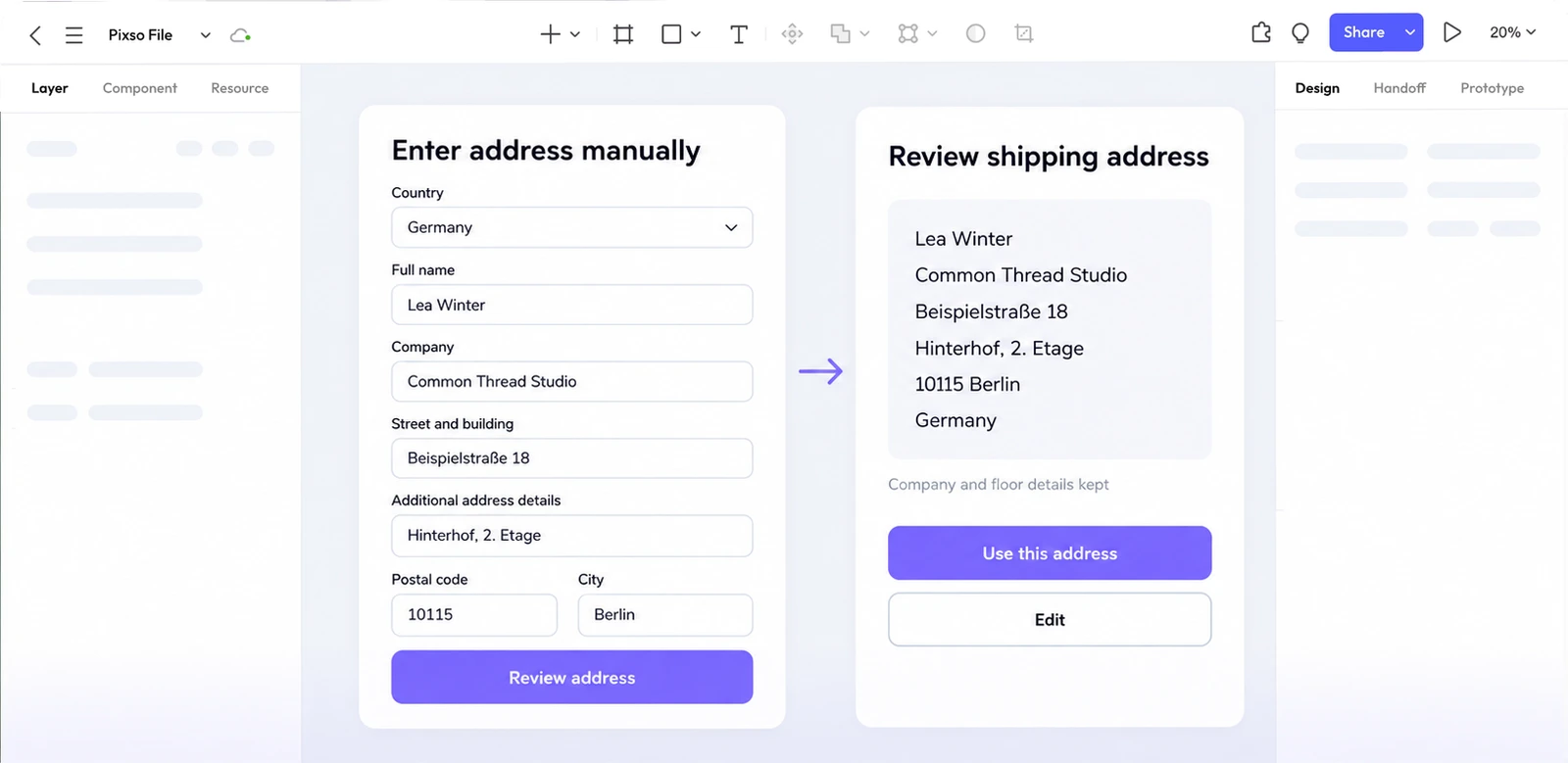 A Pixso canvas shows manual address fields and a delivery preview that retains Common Thread Studio and Hinterhof, 2. Etage