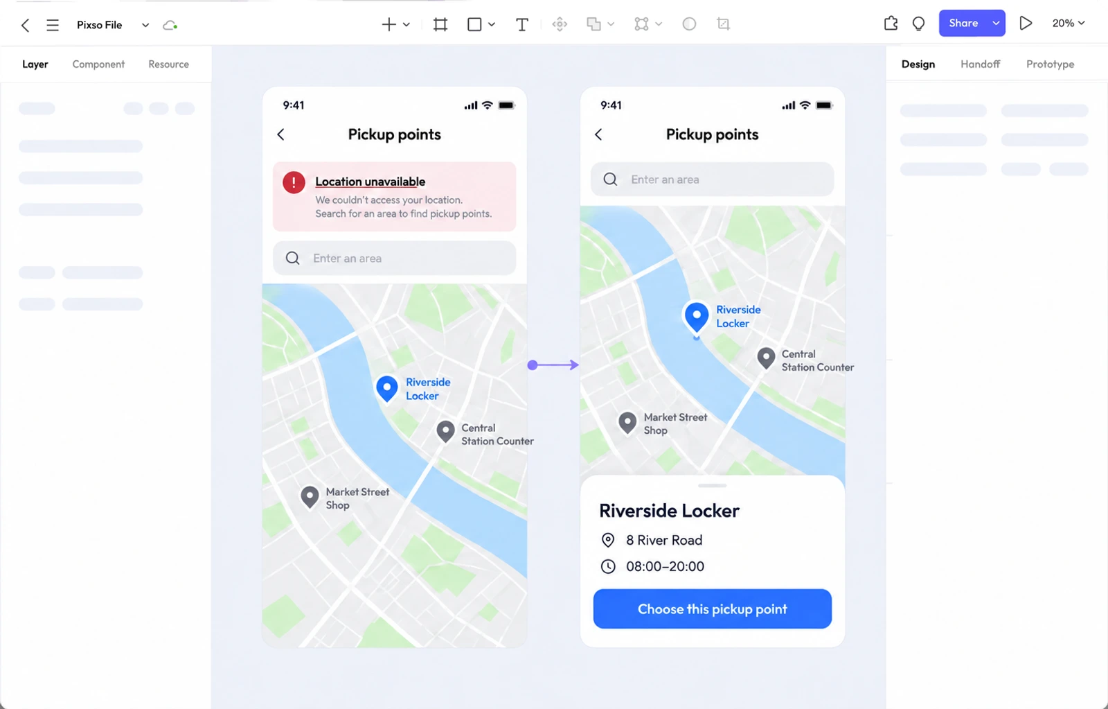Pixso editor showing area search without location access and the selected Riverside Locker with matching map and card