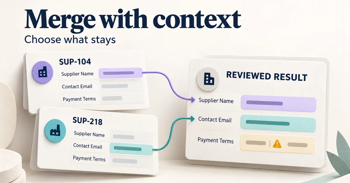 Two supplier records with conflicting contact details lead to one reviewed result