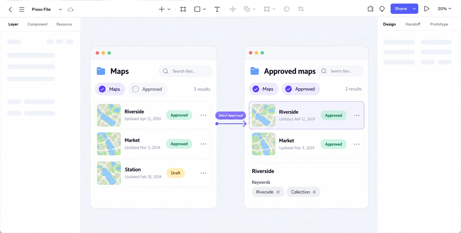 Pixso editor comparing three map files with two approved maps and Riverside keyword editing