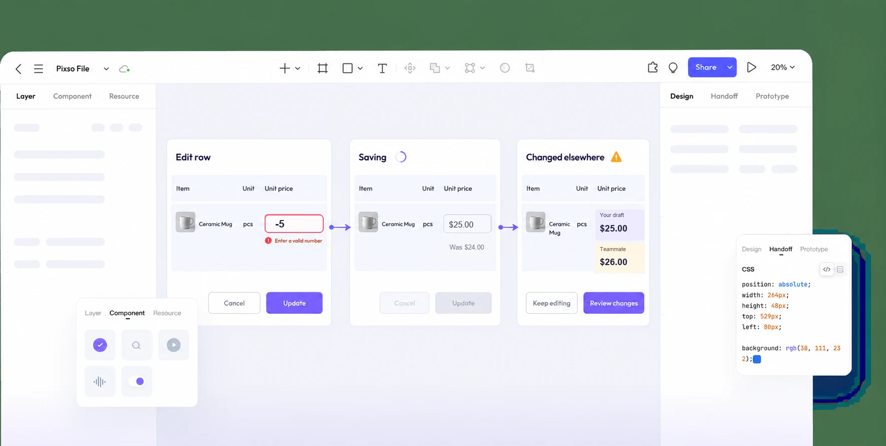 Pixso design canvas showing one supplier price row in edit, saving, and conflict-review screens
