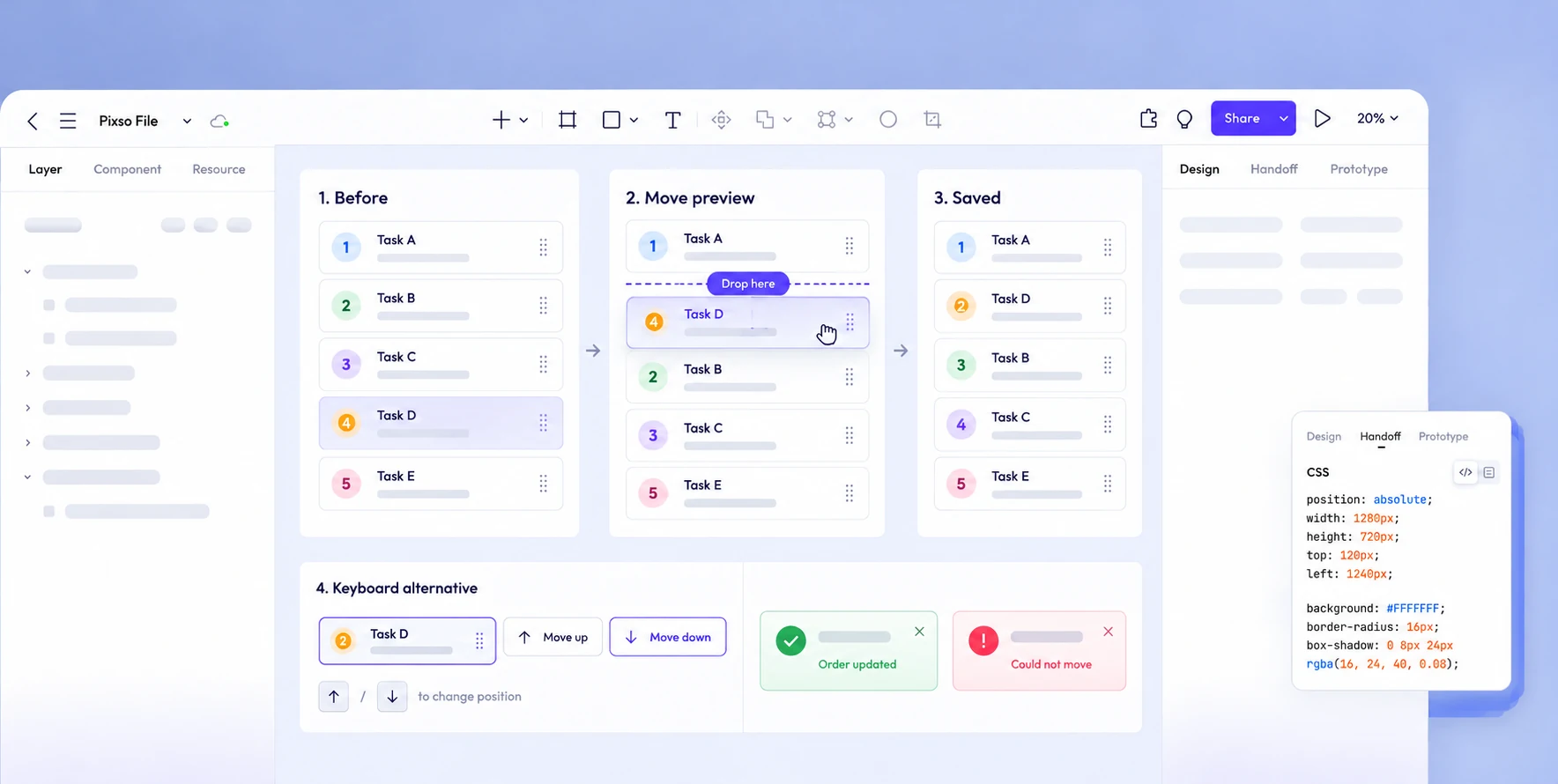 Pixso design canvas with before, move preview, and saved task-order screens plus keyboard move controls and confirmation states