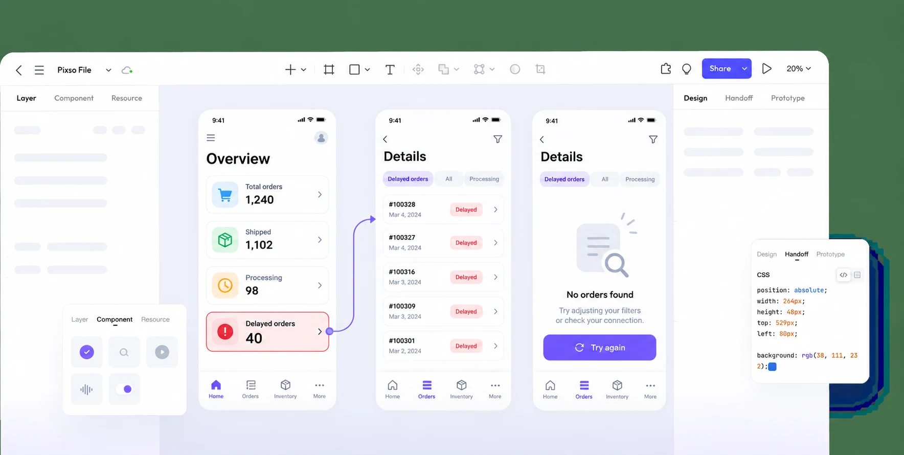 Pixso canvas with overview, delayed-orders detail, and no-results mobile dashboard frames