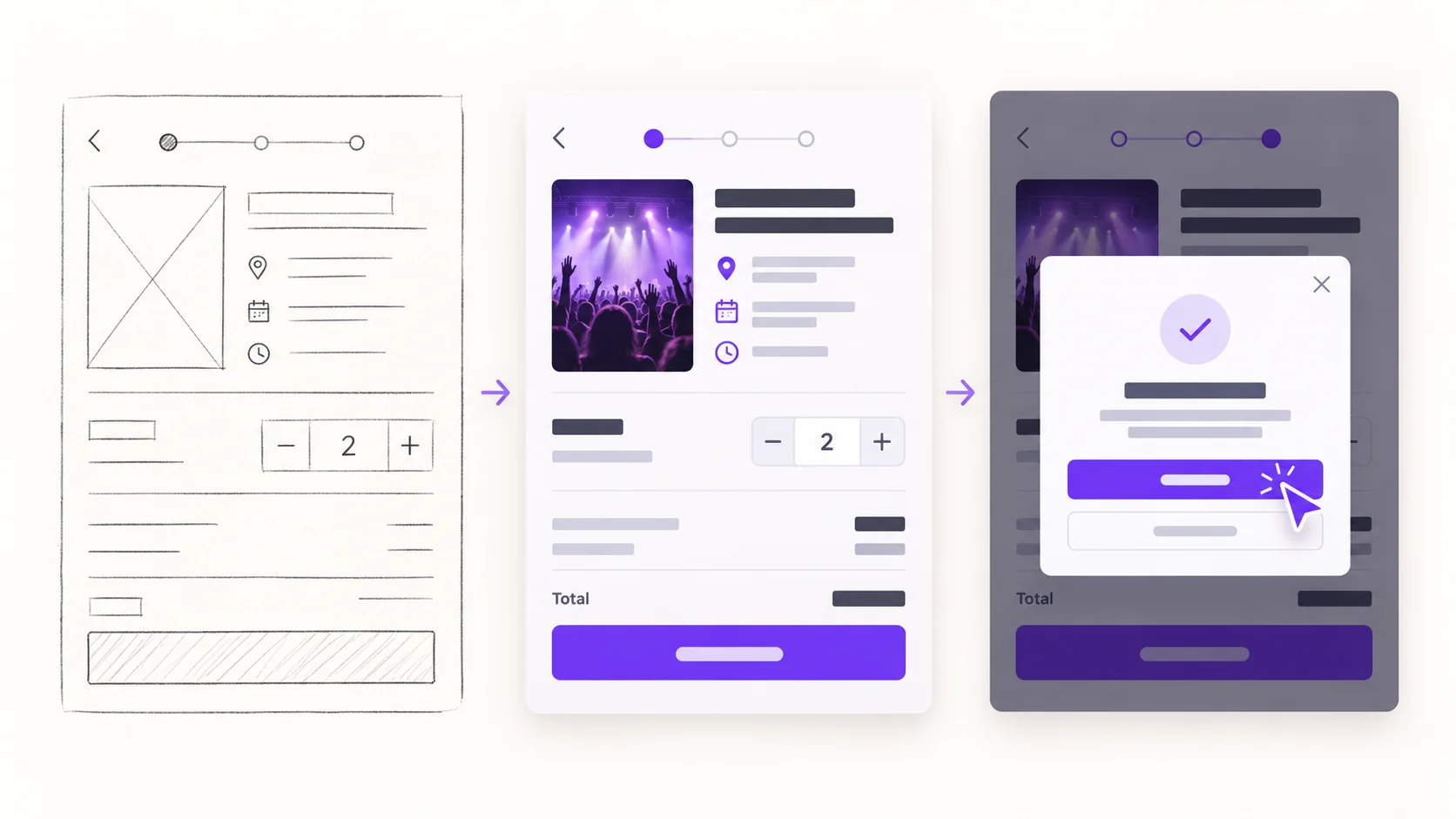 The same event page as a structural wireframe, polished static mockup, and interactive confirmation flow