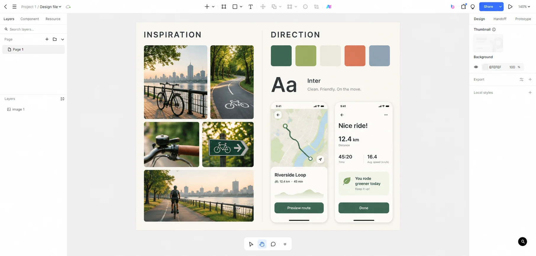 Pixso canvas separating cycling-app inspiration from a selected palette and two mobile screen references