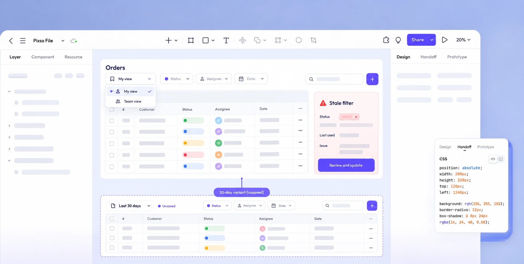 Pixso design canvas showing an orders table with personal and team views, a stale status filter and an unsaved 30-day variant
