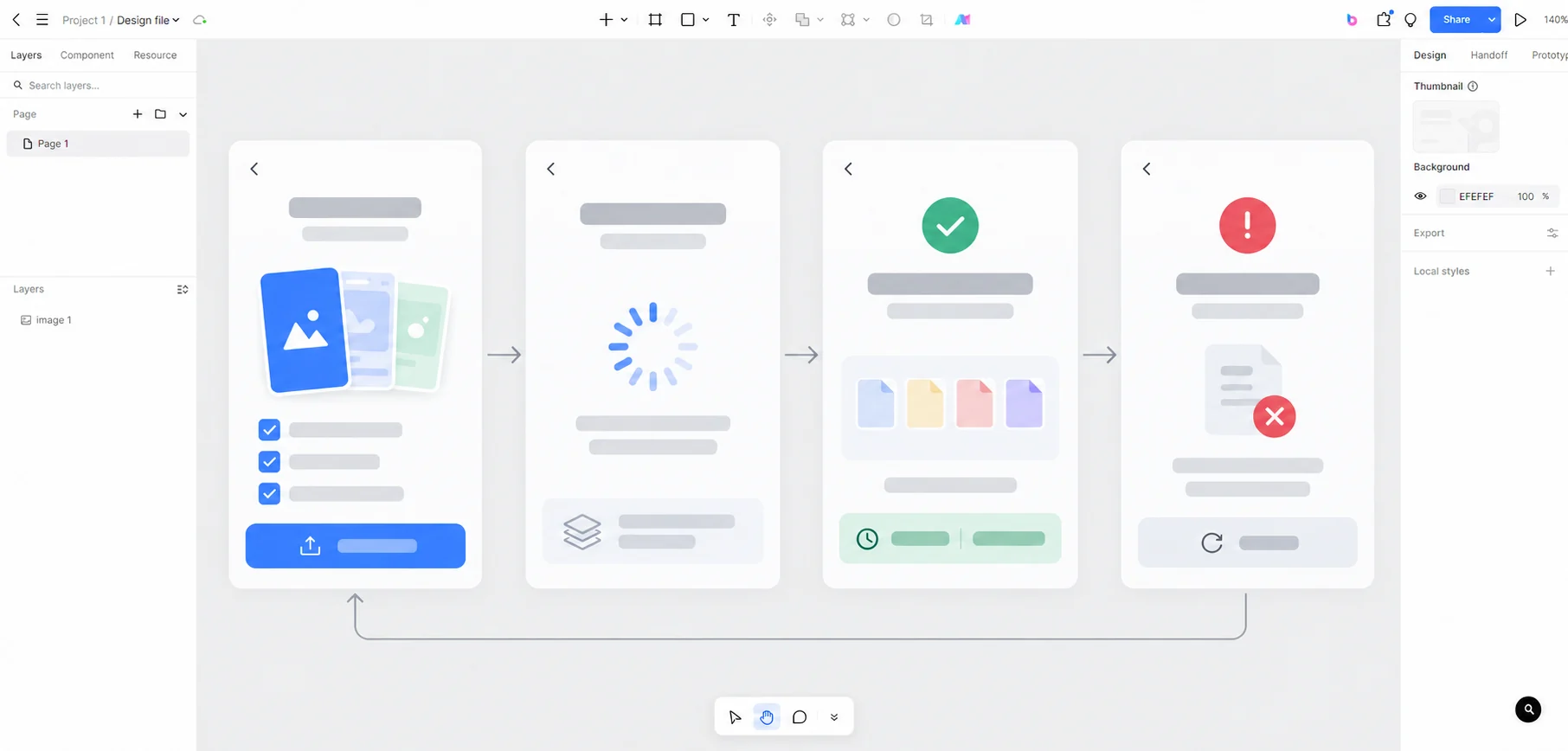 На холсте Pixso показаны запрос экспорта, фоновая обработка, готовый файл и восстановление после истечения срока ссылки