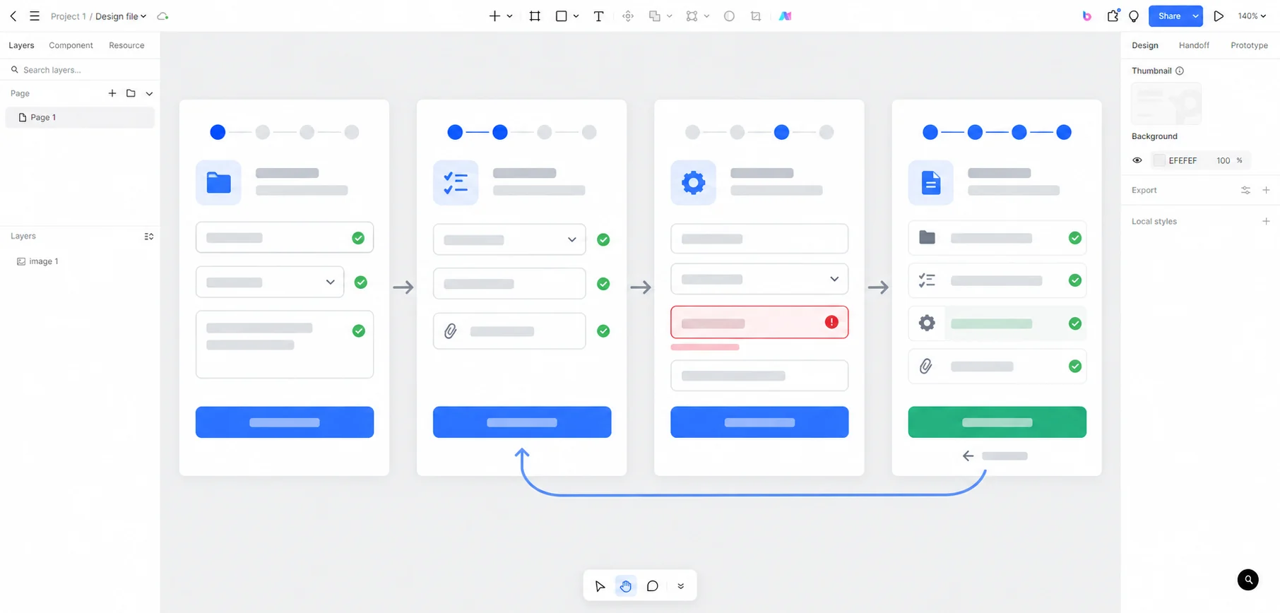 На холсте Pixso расположены четыре этапа формы, сохранённые ответы, ошибка поля, итоговая проверка и путь назад для исправления
