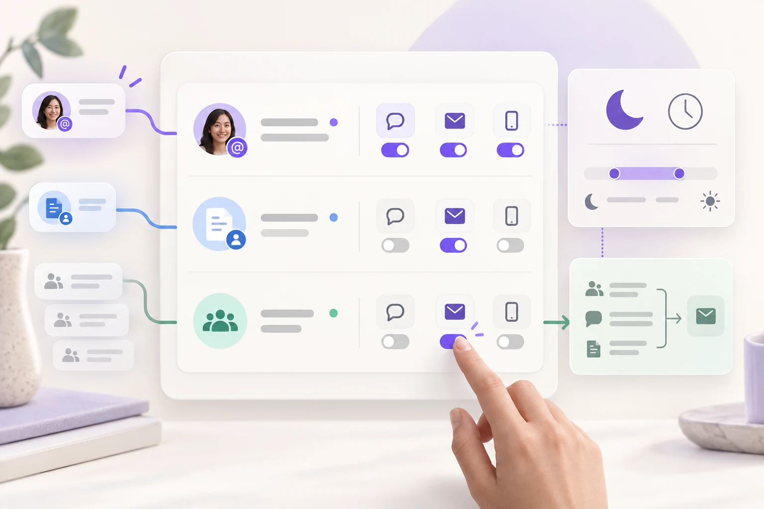 Notification preferences separate direct mentions, review assignments and routine activity by channel and quiet hours