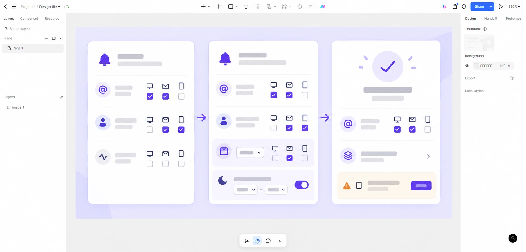 Pixso design canvas comparing current notification choices, a changed digest and quiet-hours state, and a saved result with a push-permission warning