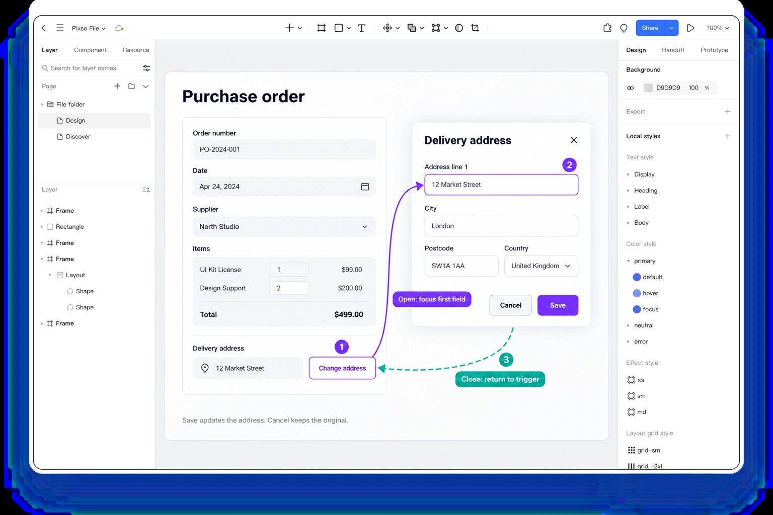 Purchase-order screens in Pixso with separate annotations for the main focus route and address-dialog return