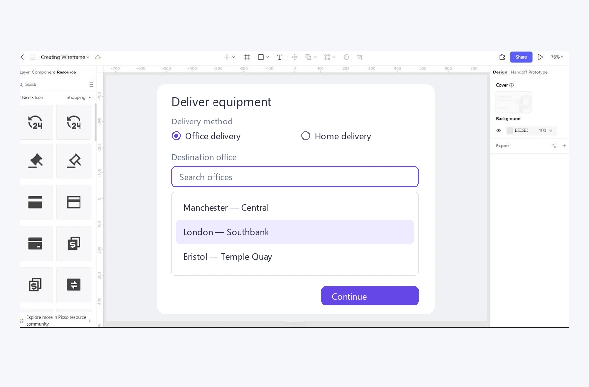 Equipment delivery form with radio buttons and searchable office choices on the Pixso canvas