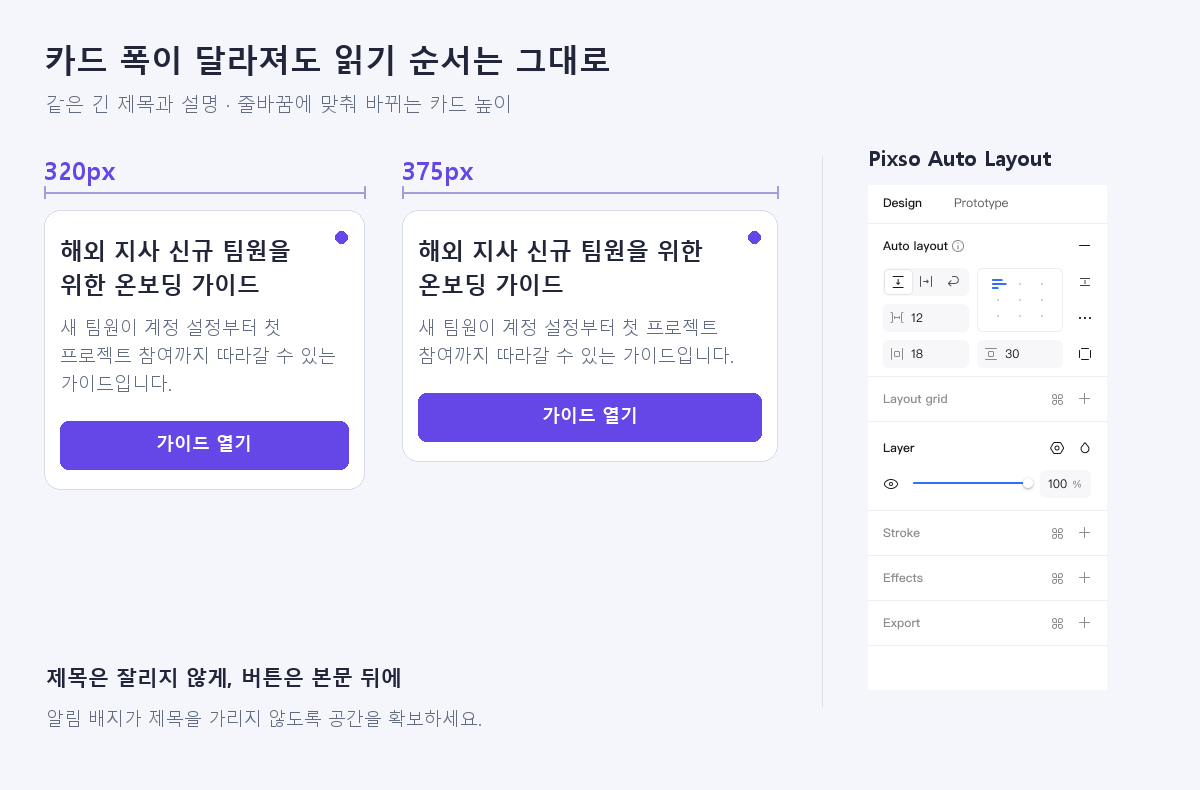 320px와 375px 카드의 긴 제목·설명 줄바꿈 비교와 Pixso Auto Layout 패널